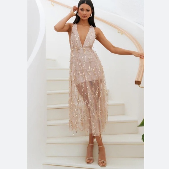 NWT Hello Molly Heightened Perspective Sequin Midi Dress in Beige Sz S - Picture 1 of 11